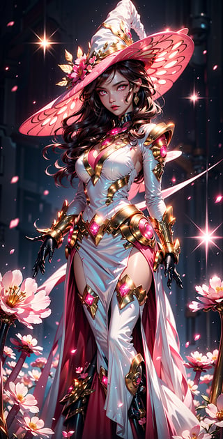 masterpiece, best quality, illustration, full body facing viewer, a beautiful witch casting a spell with planets around her, ornate white pink and gold wizard clothes, white and pink wizard hat with pink jewels, elegant, detailed celestial environment, luminous mushrooms,  (dynamic lighting:1.2), cinematic lighting, delicate elegant facial features, detailed eyes, pink eyes, long brunette hair, realistic pupils, depth of field, sharp focus, (hyper-detailed, bloom, glow:1.4), brown hair, full lips, bright pink eyes, mystical atmosphere, kind face,Dark Fantasy,no_humans,mecha