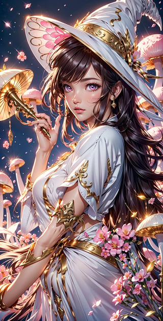 masterpiece, best quality, illustration, full body facing viewer, a beautiful witch casting a spell with planets around her, ornate white and gold wizard clothes, white and pink wizard hat with pink jewels, elegant, detailed celestial environment, luminous mushrooms,  (dynamic lighting:1.2), cinematic lighting, delicate elegant facial features, detailed eyes, pink eyes, long brunette hair, realistic pupils, depth of field, sharp focus, (hyper-detailed, bloom, glow:1.4), brown hair, full lips, bright pink eyes, mystical atmosphere, kind face