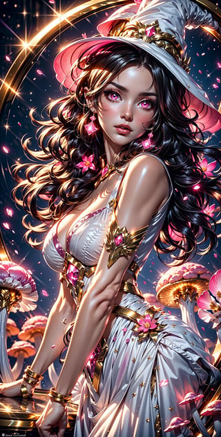 masterpiece, best quality, illustration, full body facing viewer, a beautiful witch casting a spell with purple planets around her, ornate white pink gold dress, white and pink wizard hat with pink jewels, elegant, celestial environment, luminous mushrooms,  (dynamic lighting:1.2), cinematic lighting, delicate elegant facial features, detailed eyes, pink eyes, long brunette hair, realistic pupils, sharp pupils, depth of field, sharp focus, (hyper-detailed, bloom, glow:1.4), brown hair, full lips, bright pink eyes, mystical atmosphere, kind face,Dark Fantasy