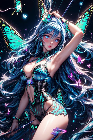 masterpiece, 1 girl, Extremely beautiful woman standing in a glowing lake with very large glowing blue butterfly wings, glowing hair, long cascading hair, neon hair, ornate butterfly dress, midnight, lots of glowing butterflies flying around, full lips, hyperdetailed face, detailed eyes,pole_dancing