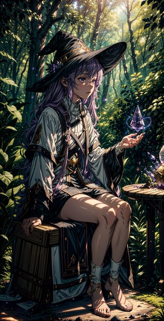 masterpiece, best quality, illustration, full body image, a young and beautiful witch casts a powerful spell sitting on an amethyst crystal, surrounded by a dense forest, high and detailed environment, white and gold wizard clothes, pink long hair, magic circles, magic trails, magic particles, glow, dynamic angle, luminous mushrooms, mystical atmosphere, summoned beings,