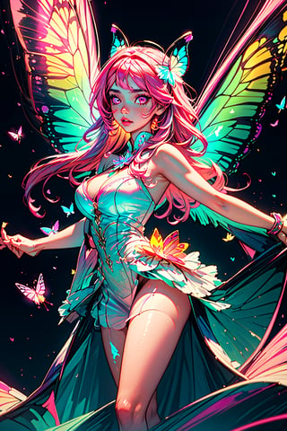 masterpiece, 1 girl, Extremely beautiful woman standing in a glowing lake with very large glowing pink butterfly wings, glowing hair, long cascading hair, neon hair, ornate pink and white butterfly dress, midnight, lots of glowing butterflies flying around, full lips, hyperdetailed face, detailed eyes,pole_dancing