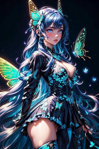 masterpiece, 1 girl, Extremely beautiful woman standing in a glowing lake with very large glowing blue butterfly wings on her back, glowing hair, long cascading hair, neon hair, ornate flowing butterfly dress, midnight, lots of glowing butterflies flying around, full lips, hyperdetailed face, detailed eyes