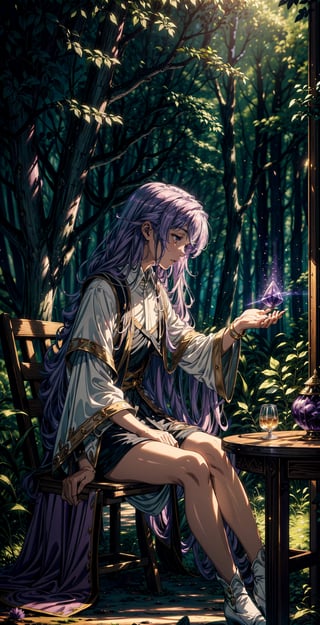 masterpiece, best quality, illustration, full body image, a young and beautiful witch casts a powerful spell sitting on an amethyst crystal, surrounded by a dense forest, high and detailed environment, white and gold wizard clothes, pink long hair, magic circles, magic trails, magic particles, glow, dynamic angle, luminous mushrooms, mystical atmosphere