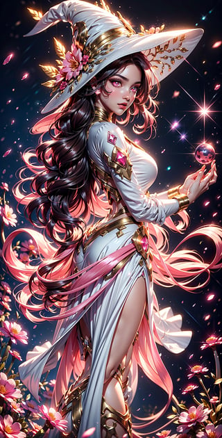 masterpiece, best quality, illustration, full body facing viewer, a beautiful witch casting a spell with purple planets around her, ornate white pink gold dress, white and pink wizard hat with pink jewels, elegant, celestial environment, luminous mushrooms,  (dynamic lighting:1.2), cinematic lighting, delicate elegant facial features, detailed eyes, pink eyes, long brunette hair, realistic pupils, sharp pupils, depth of field, sharp focus, (hyper-detailed, bloom, glow:1.4), brown hair, full lips, bright pink eyes, mystical atmosphere, kind face,Dark Fantasy