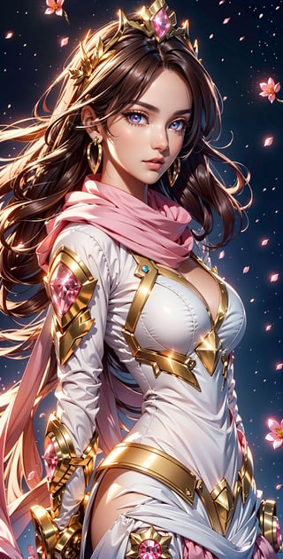 masterpiece, best quality, full body image, a girl 30 years old on a moon with planets around her, gold armor, ornate white dress, pink scarf, gold earrings, tiara, elegant, (dynamic lighting:1.2), cinematic lighting, delicate facial features, detailed eyes, pink eyes, long brunette hair, realistic pupils, depth of field, bokeh, sharp focus, (hyper-detailed, bloom, glow:1.4), brown hair, full lips, bright pink eyes, kind face
