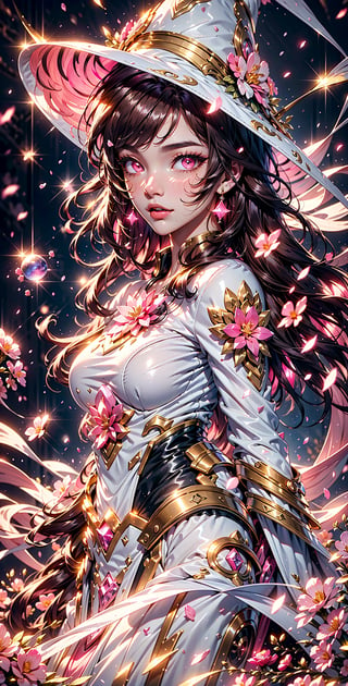 masterpiece, best quality, illustration, full body facing viewer, a beautiful witch casting a spell with planets around her, ornate white pink and gold wizard clothes, white and pink wizard hat with pink jewels, elegant, detailed celestial environment, luminous mushrooms,  (dynamic lighting:1.2), cinematic lighting, delicate elegant facial features, detailed eyes, pink eyes, long brunette hair, realistic pupils, depth of field, sharp focus, (hyper-detailed, bloom, glow:1.4), brown hair, full lips, bright pink eyes, mystical atmosphere, kind face,Dark Fantasy,no_humans,Tex Mex Burrito Style