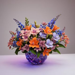 Hyper cute, gorgeous and intricate floral bouquet, forget-me-nots, orchids, roses and violets, sophisticated composition, inspired by brutalism, coloured venetian glass masterieces, Benetton and Lalique. Ametrine and crocoite color palettes, vivid colors, illuminated by volumetric and soft lighting., DonMS4kur4XL,art_booster,moonster,BugCraft.