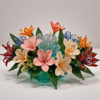 Cuteness. Hyper cute and intricate floral bouquet, sophisticated composition, inspired by brutalism, coloured venetian glass masterieces, Benetton and Lalique, ametrine and crocoite color palettes, vivid colors,  illuminated by volumetric and soft lighting.,DonMS4kur4XL,art_booster,moonster,BugCraft