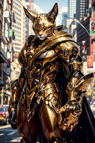  close up of a cat with a cape on a city street, concept art by Lisa Nankivil, trending on Artstation, furry art, superhero with a cat head, caracal cyborg, the golden cat armor knight, wearing golden cat armor, anthropomorphic lynx, armored cat, amazing 8k character concept art, unreal engine character art, cyborg cat