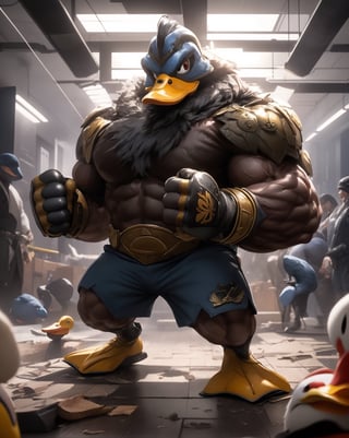 the macho duck, armored duck, donald duck in real life, super realistic gritty, muscular characters, posing ready for a fight, muscular character, fantasy duck concept portrait, subject= duck, detailed duck, in a fighting pose,midjourney