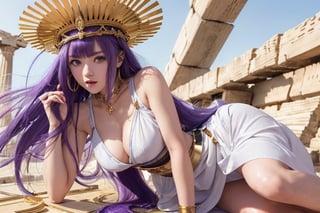 Full body superrealistic 18-year-old woman with long shiny purple hair with bangs, with a childish face with triangle Japanese features, big dark blue eyes, a white Greek dress cinched at the waist, a gold metal belt with an ultra-realistic parthenon background, 4k wind strong