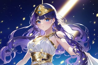 16-year-old woman with long shiny purple hair with bangs, with triangle Japanese features, big dark blue eyes, white Greek dress cinched at the waist, gold metal belt with ultra-realistic parthenon background 4k