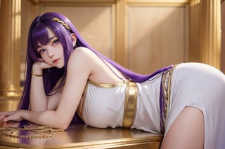 16-year-old woman with long shiny purple hair with bangs, with triangle Japanese features, big dark blue eyes, white Greek dress cinched at the waist, gold metal belt with ultra-realistic parthenon background 4k,SMMars