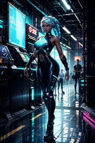 full body,1girl, 13years old, fluffy and long foxtail all the way to the ground, Heroic attitude, cyberpunk setting, Bounty Hunter, beautiful athletic body, dark brown skin color, small breast, wearing tight pants and top, glowing Turquoise blue eyes, braided white hair, braided, athletic, volumetric lighting, best quality, masterpiece, realistic,drow,cyberpunk,Neon Light,beautiful_lolita_girl