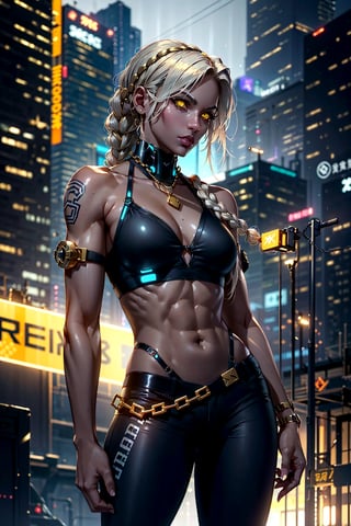 1girl, cyberpunk setting, beautiful athletic body, dark brown skin color, small breast, wearing pants and top, brass chains around chestarea, brass chains around shoulder, glowing yellow eyes, long foxtail, braided white hair, braided, athletic, volumetric lighting, best quality, masterpiece, realistic,drow,cyberpunk