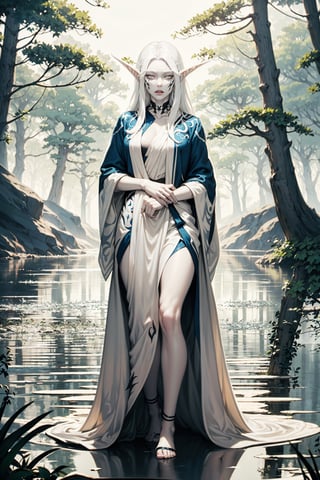 nightelf, full body, (((extreme white albino skin color))), ((extrem long white hair color)), (grey Eyes), (Beautiful blue robe) Facial Tattoo, she stands in front of a lake surrounded by a forest, on her left hand sits a butterfly