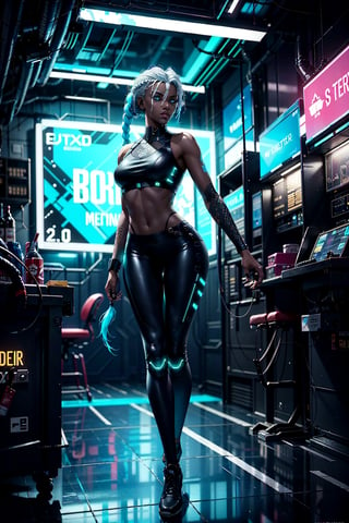 full body,1girl, 13years old, white foxtail all the way to the ground, Heroic attitude, cyberpunk setting, Bounty Hunter, beautiful athletic body, dark brown skin color, small breast, wearing tight pants and top, glowing Turquoise blue eyes, braided white hair, braided, athletic, volumetric lighting, best quality, masterpiece, realistic,drow,cyberpunk,Neon Light,beautiful_lolita_girl