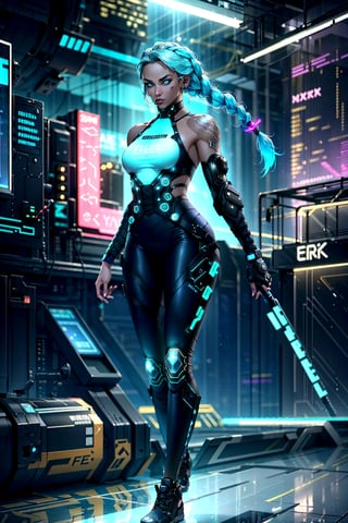 full body,1girl, extrem fluffy and long foxtail all the way to the ground, Heroic attitude, cyberpunk setting, Bounty Hunter, beautiful athletic body, dark brown skin color, small breast, wearing tight pants and top, glowing Turquoise blue eyes, braided white hair, braided, athletic, volumetric lighting, best quality, masterpiece, realistic,drow,cyberpunk,Neon Light