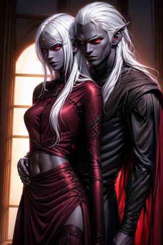 drow,couple,He wraps his arms around her stomach from behind, (man and woman have dark skin color), Long pointed ears, man and woman,((both have long white hair)), (((red eyes))), smal breasts, both wearing tight brown clothes, both seen from the front, both have a serious face, in a nice room,1boy,