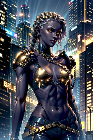 1girl, cyberpunk setting, beautiful athletic body, dark brown skin color, small breast, wearing pants and top, brass chains around chestarea, brass chains around shoulder, glowing yellow eyes, long foxtail, braided white hair, braided, athletic, volumetric lighting, best quality, masterpiece, realistic,drow,cyberpunk