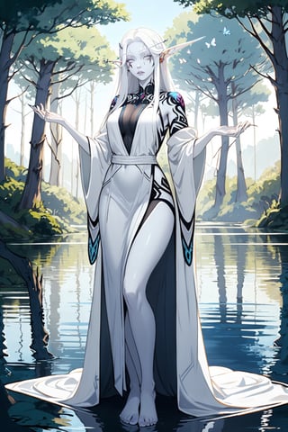 nightelf, full body, (((extreme white albino skin color))), ((extrem long white hair color)), (grey Eyes), (Beautiful blue robe) Facial Tattoo, she stands in front of a lake surrounded by a forest, on her left hand sits a butterfly