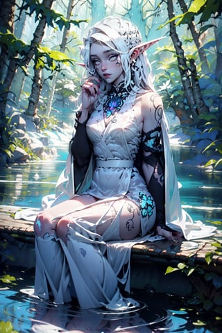 nightelf, full body, (((extreme white albino skin color))), ((extrem long white hair color)), (grey Eyes), (Beautiful blue robe) Facial Tattoo, she stands in front of a lake surrounded by a forest, on her left hand sits a butterfly