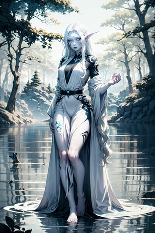 nightelf, full body, (((extreme white albino skin color))), ((extrem long white hair color)), (grey Eyes), (Beautiful blue robe) Facial Tattoo, she stands in front of a lake surrounded by a forest, on her left hand sits a butterfly