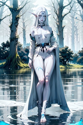 nightelf, full body, (((extreme white albino skin color))), ((extrem long white hair color)), (grey Eyes), (Beautiful blue robe) Facial Tattoo, she stands in front of a lake surrounded by a forest, on her left hand sits a butterfly