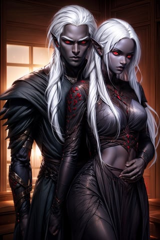 drow,couple,He wraps his arms around her stomach from behind, (man and woman have dark skin color), Long pointed ears, man and woman,((both have long white hair)), (((red eyes))), smal breasts, both wearing tight brown clothes, both seen from the front, both have a serious face, in a nice room,1boy