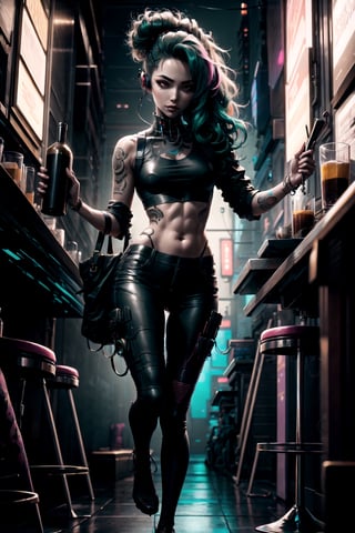 Cyberpunk Style, full body, 1girl, skinny body, in a bar, Long Dark Green Hair, Red Eyes, tight Pants, Belly Free top, Body Tattoos