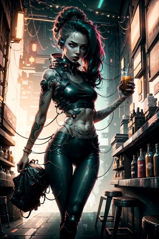 Cyberpunk Style, full body, 1girl, skinny body, in a bar, Long Dark Green Hair, Red Eyes, tight Pants, Belly Free top, Body Tattoos