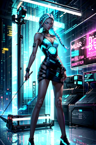 full body,1girl, cyberpunk setting, beautiful athletic body, dark brown skin color, small breast, wearing a white short tight dress, glowing Turquoise blue eyes, long foxtail, braided white hair, braided, athletic, volumetric lighting, best quality, masterpiece, realistic,drow,cyberpunk,Neon Light