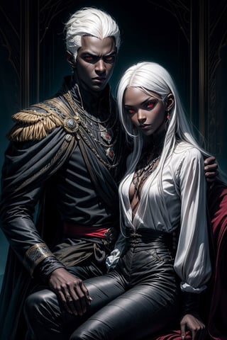 drow, Couple, Male and Female, He's taller than her, ((both have dark skin)), ((red eyes)), Serious face, white open Hair, dark tight pants and shirt, he is sitting in a Throne, she sits on his lap, locking on viewer
