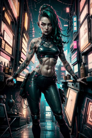 Cyberpunk Style, full body, 1girl, skinny body, in a bar, Long Dark Green Hair, Red Eyes, tight Pants, Belly Free top, Body Tattoos