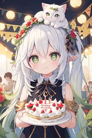 (best quality, masterpiece:1.3), 1girl,  loli, white hair,  green eyes,  smile,  (wreath on head:1.3), festival, birthday cake with candles, 