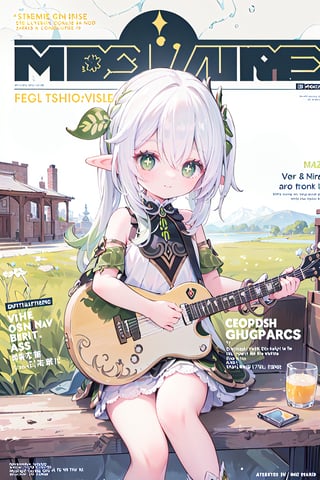 masterpiece, best quality,ultra detailed,1girl,nahida (genshin impact), elf_ears, green eyes, loli,smile, white hair, female child, playing guitar, Defaults17Style, (magazine cover, english text:1.3),