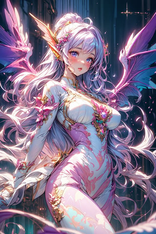 masterpiece, 1 girl, Extremely beautiful woman standing in a lake with very large glowing dragon wings, glowing hair, long cascading hair, neon hair, ornate purple and white dress, twilight, lots of tiny fairies flying around, full lips, hyperdetailed face, detailed eyes, dynamic pose, cinematic lighting, pastel colors, perfect hands, dragon girl, girl with dragon wings, dark fantasy