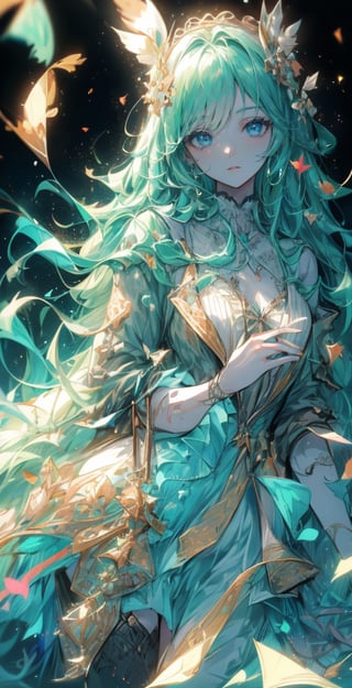 ((best quality)), ((masterpiece)), ((best illustration)), ((anime artwork)), Odette from the swan princess, long cascading blonde hair, long hair, curly hair, detailed green eyes, bright green eyes, Wearing alluring medieval-styled dress, flowing white dress with teal puffed sleeves and teal belt, dress enhanced by intricate details, wearing gold heart-shaped locket, Alluring, sweet, on eye level, scenic, masterpiece, 1 girl, hyperdetailed face, full lips, background is stone bridge and waterfall