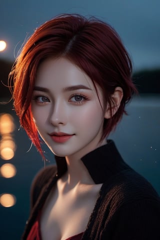 (xxmix girl woman), a woman with porcelain skin, ruby dark red hair, grey eyes, detailed eyes, dark background, light above it,rides in a boat on the lake,wide camera,short hair,a light seductive smile,dark night,creepy atmosphere,very little light,photo r3al