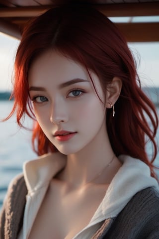 (xxmix girl woman), a woman with porcelain skin, ruby dark red hair, grey eyes, detailed eyes, dark background, light above it,rides in a boat on the lake,wide camera,short hair,a light seductive smile,dark night,creepy atmosphere,very little light,photo r3al,ruby necklace,(lightning in the sky),