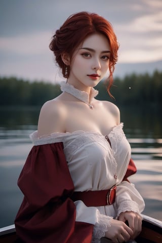 (xxmix girl woman), a woman with porcelain skin, ruby dark red hair, grey eyes, detailed eyes, dark background, light above it,rides in a boat on the lake,wide camera,short hair,a light seductive smile,dark night,creepy atmosphere,very little light,photo r3al