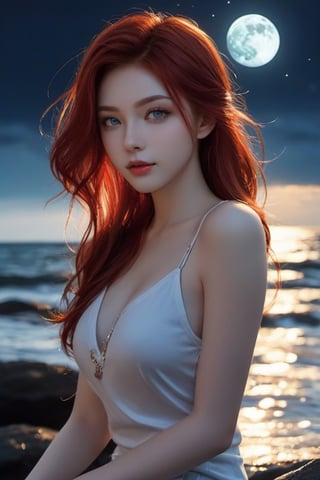 (xxmix girl woman), a woman with porcelain skin, ruby red hair, sapphire blue eyes, detailed eyes, dark background, only light from the moon,,sitting on a rock by the seashore,,photo r3al,midnight_lycanroc,