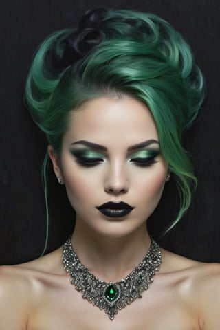 Generate hyper realistic image of an elegant woman ,green hair,gray eyes,(((perfect make up))) ,(((a slight smile))),jewelry, black forest background,(((dark atmosphere))), ,minimal lighting,black lipstick,(((eyes closed,)))