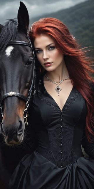Generate hyper realistic image of an elegant woman ,red_ ruby hair,gray eyes,perfect  bleck make up,a slight smile,shot from above,jewelry,black dress ith red,hold the white horse by the reins,black forest background,moon rays,(((dark atmosphere))),