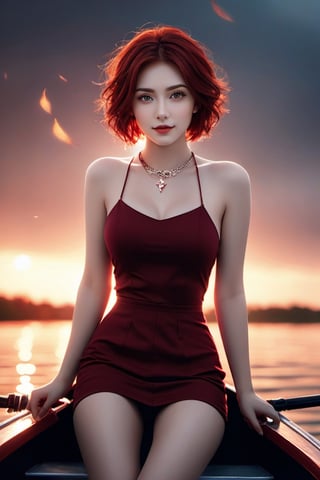 (xxmix girl woman), a woman with porcelain skin, ruby dark red hair, grey eyes, detailed eyes, dark background, light above it,rides in a boat on the lake,wide camera,short hair,a light seductive smile,dark night,creepy atmosphere,very little light,photo r3al,ruby necklace,lightning in the sky,