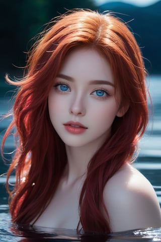 (xxmix girl woman), a woman with porcelain skin, ruby red hair, sapphire blue eyes, detailed eyes, dark background, light above it,swims in the lake,photo r3al,midnight_lycanroc,