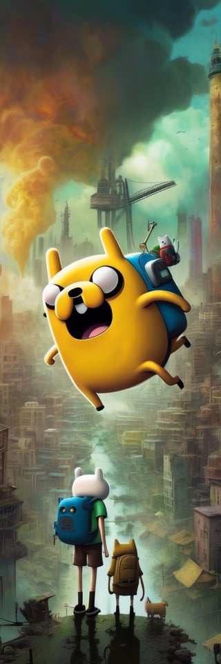 A post apocalyptic depiction of adventure time containing Jake and fin in a cityscape in the background and in the style ofstudio ghibli.