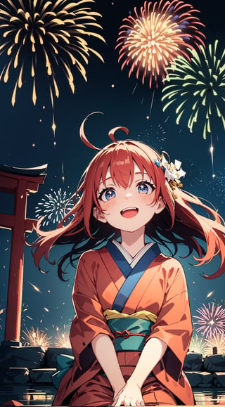 Close to face snap,nakano itsuki red hair long hair star hair ornament ahoge, mioha, , starrystarscloudcolorful, 1girl, sitting on cobblestone stairs, face close up, floating hair, {big eyes, detailed eyes, beautiful eyes, (((fireworks reflected in the eyes))), shining eyes}, blush, open mouth, smile, (looking up:1.4), (kimono:1.2), at night, shrine torii, light particles, star, (colorful fireworks in the sky), swaying wind, 8kcg wallpaper, (ultra detailed:1.4), an extremely detailed and delicate, cinema light, (illustration:1.4)