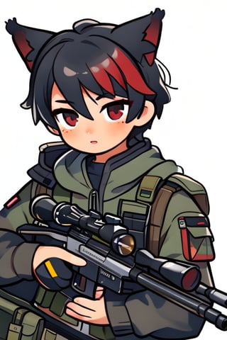  boy, short black hair, red eyes, soldier, 
sniper, hoodie, high_resolution, realistic